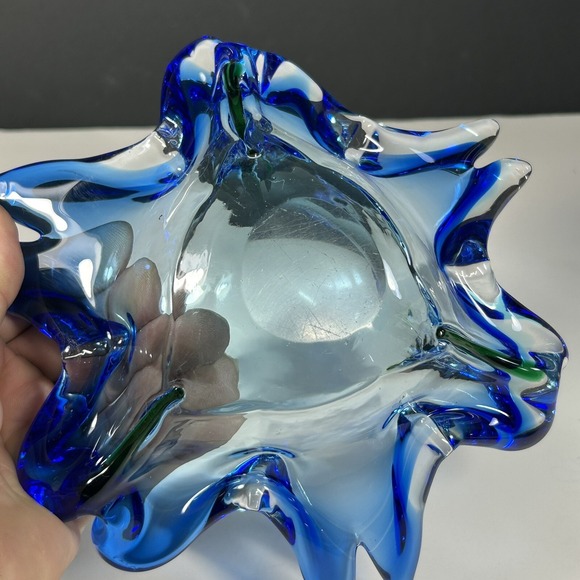 Hand-Blown  Style Art Glass Bowl - Blue & Green Wave Design - Picture 6 of 9